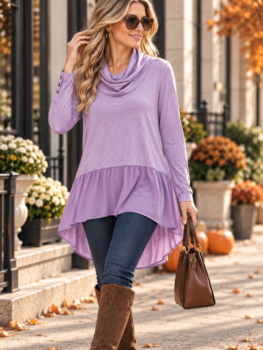 NWT Purple Cowl Neck Hi Low Tunic Top Flowy Layered Hem Kori S